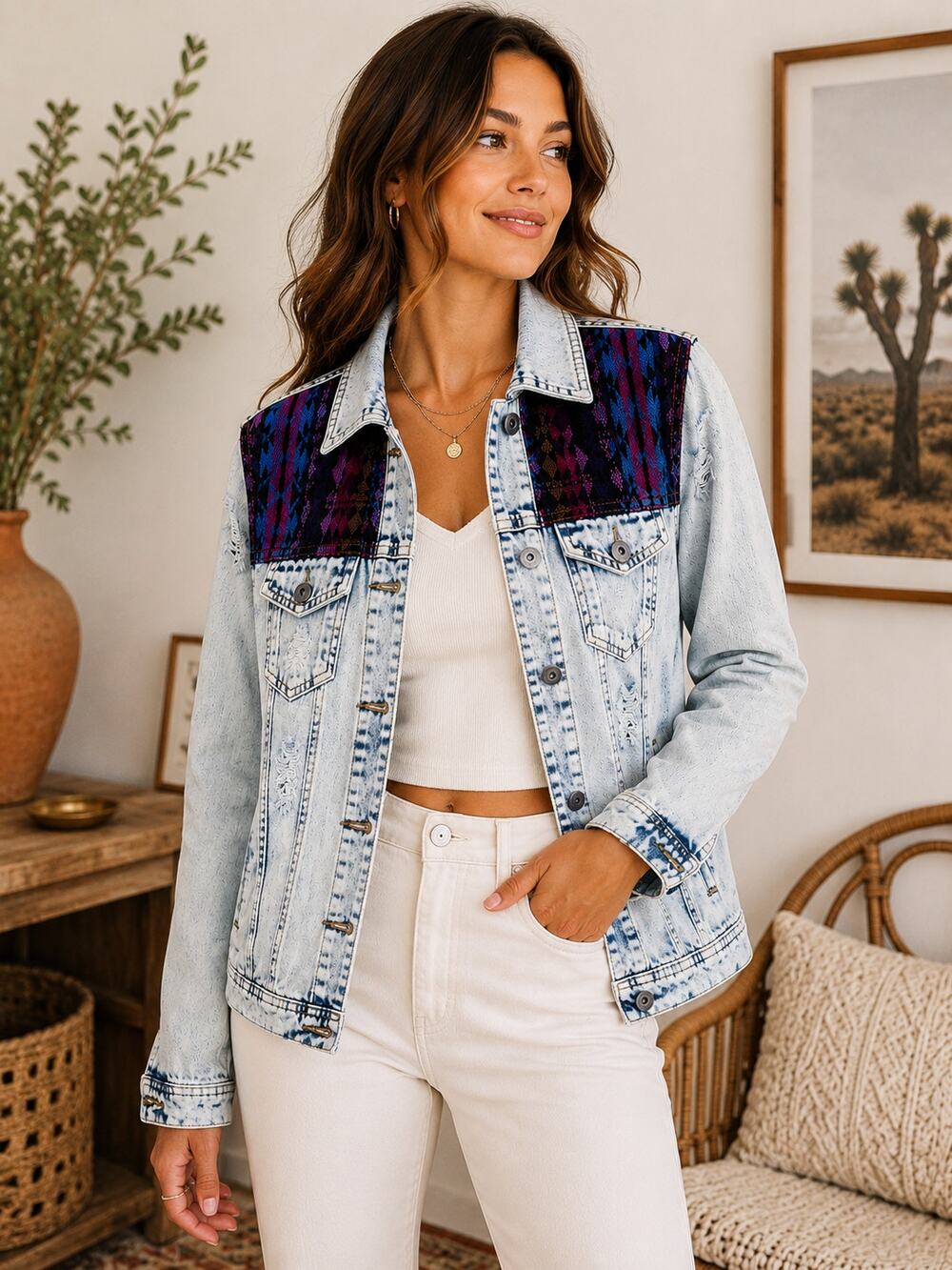 Chiqle Denim Architect Acid Wash Denim Jacket Women's Medium Distressed Aztec